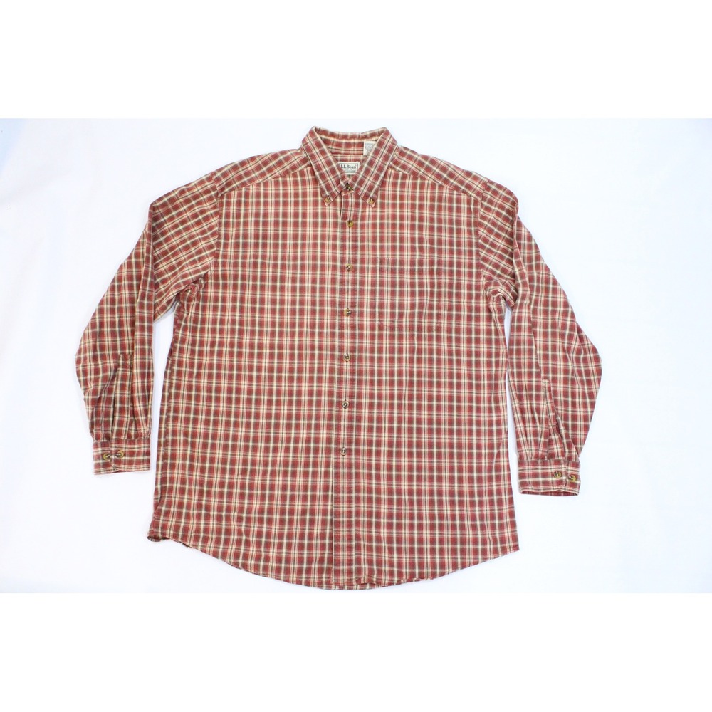 LL Bean Mens Red Plaid Long Sleeve Button Down Shirt Large Regular Fit